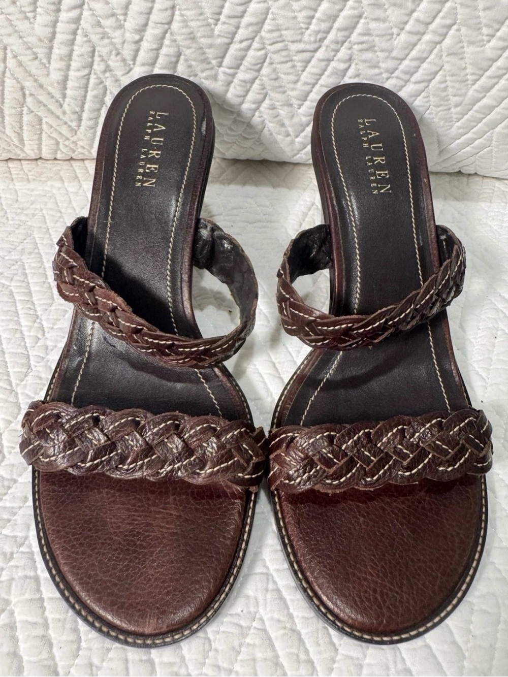Lauren Ralph Lauren Brown Braided Leather Slide Heels